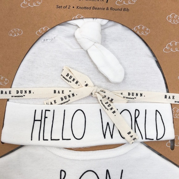 Rae Dunn White 2 Piece Baby Beanie & Bib Set - Picture 3 of 7